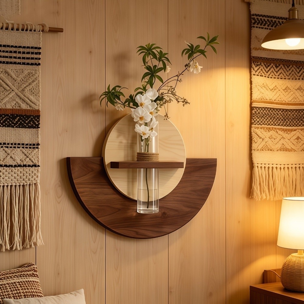 Flower Wall Panel - Oval Ahşap Duvara Monte Çiçek Rafı